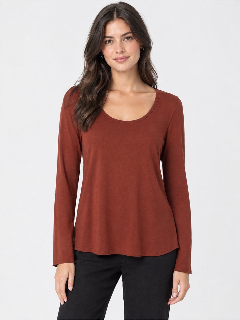 Eileen Fisher Organic Cotton Rust Burnt Orange Scoop Neck Long Sleeve Top Fall